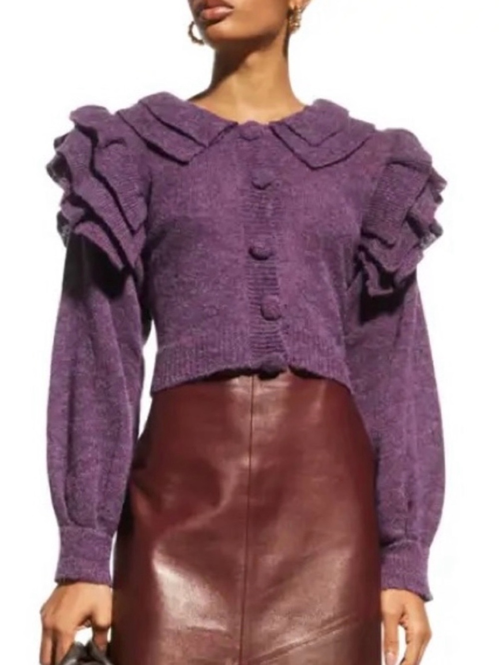 Cropped Purple Ruffle-Shoulder Knit Cardigan
